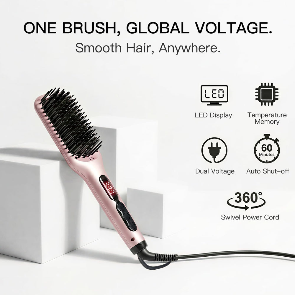 MEGAWISE Pro Ceramic Ionic Hair Straightener Brush dual voltage for travel compatibility.