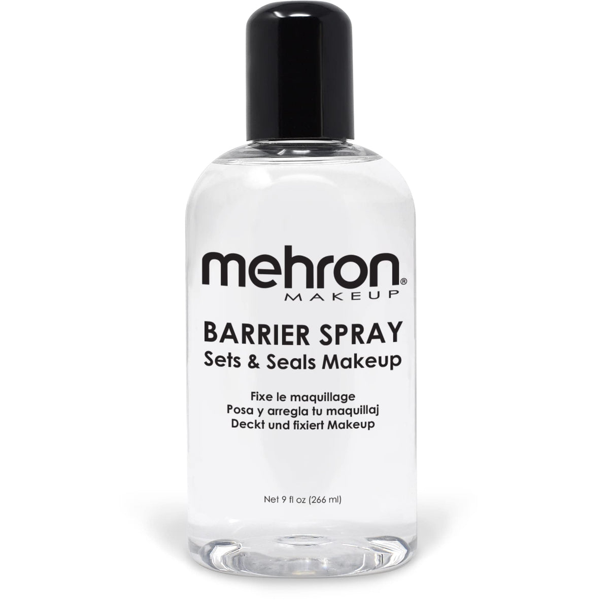 Mehron Barrier Spray bottle closeup showing professional makeup seal and long wear promise