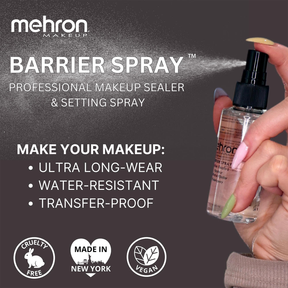 Etiqueta y caja de Mehron Barrier Spray para venta profesional.