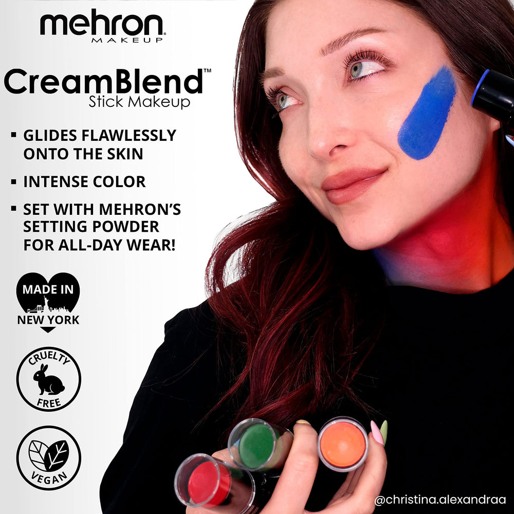 Mehron CreamBlend Stick fórmula vegana cuida la piel durante usos prolongados.