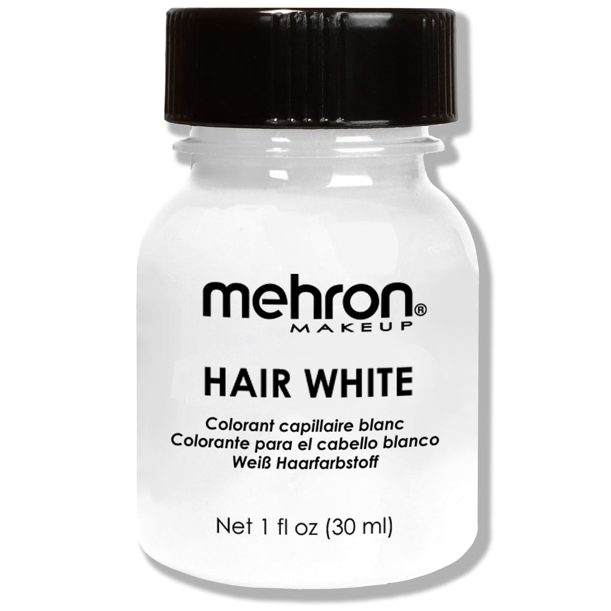 Mehron Hair White bottle application for a temporary white hair look.