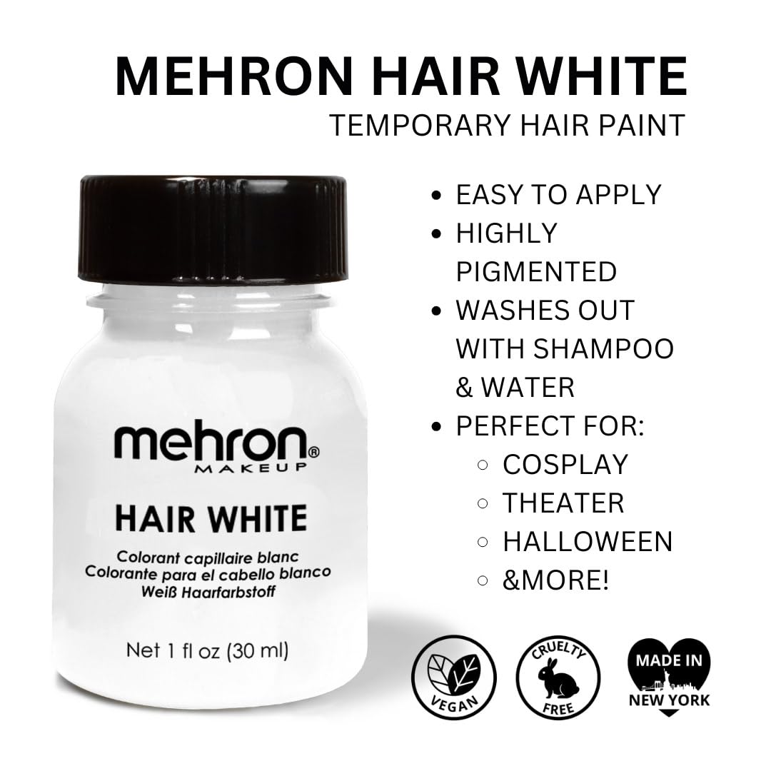 Mehron Hair White brush application demonstrates precise color placement for stage makeup.