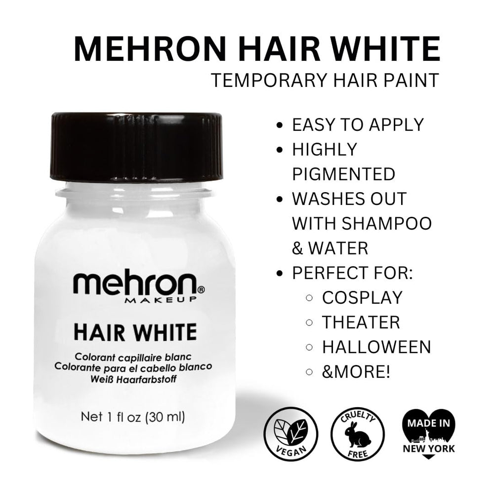 Mehron Hair White brush application demonstrates precise color placement for stage makeup.