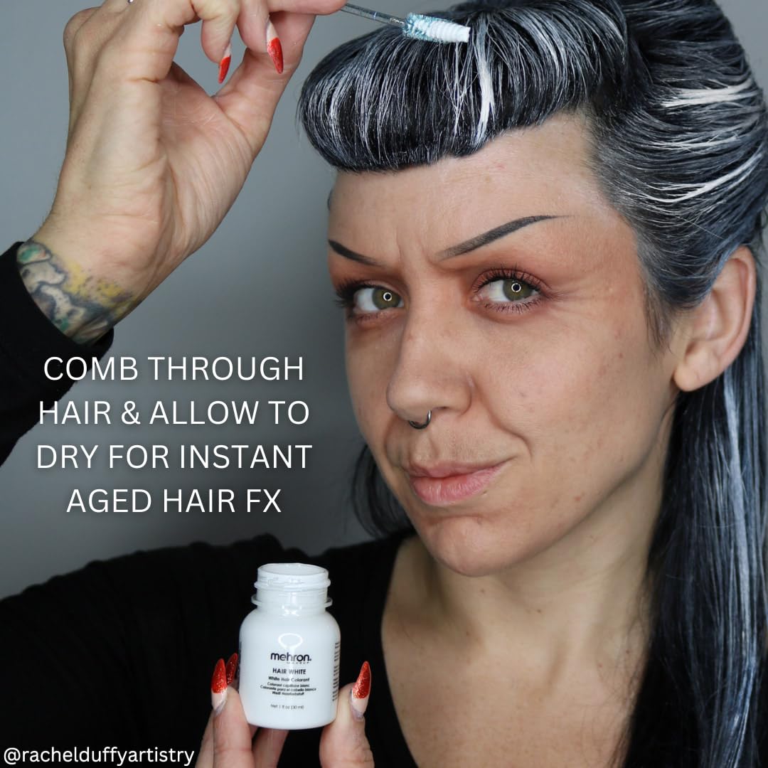 Mehron Hair White liquid formula on hair for temporary gray and white tones.