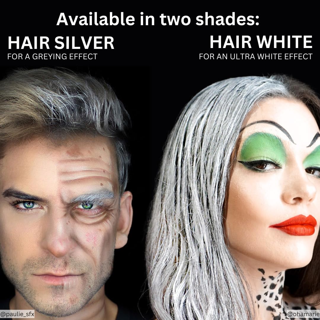 Mehron Hair White on-hair result shows seamless blending for cosplay looks.