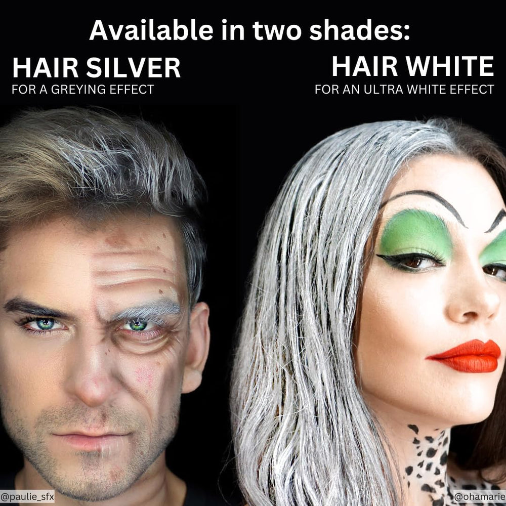 Mehron Hair White on-hair result shows seamless blending for cosplay looks.