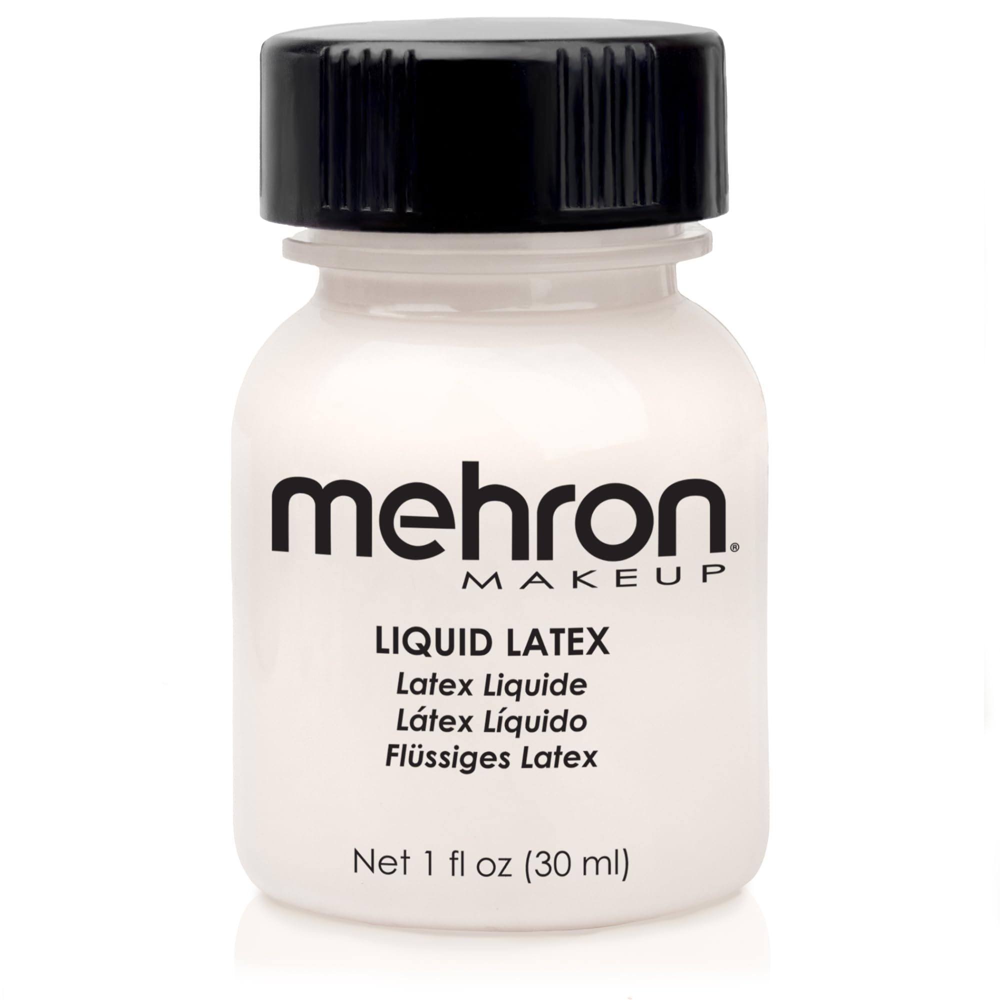 Mehron Liquid Latex, botella clara, adhesión segura para prótesis y efectos.