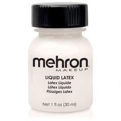 Mehron Liquid Latex, botella clara, adhesión segura para prótesis y efectos.