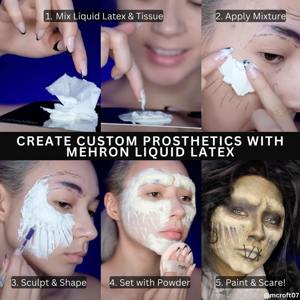 Mehron Liquid Latex, eliminación fácil con agua tibia y desmaquillante suave.