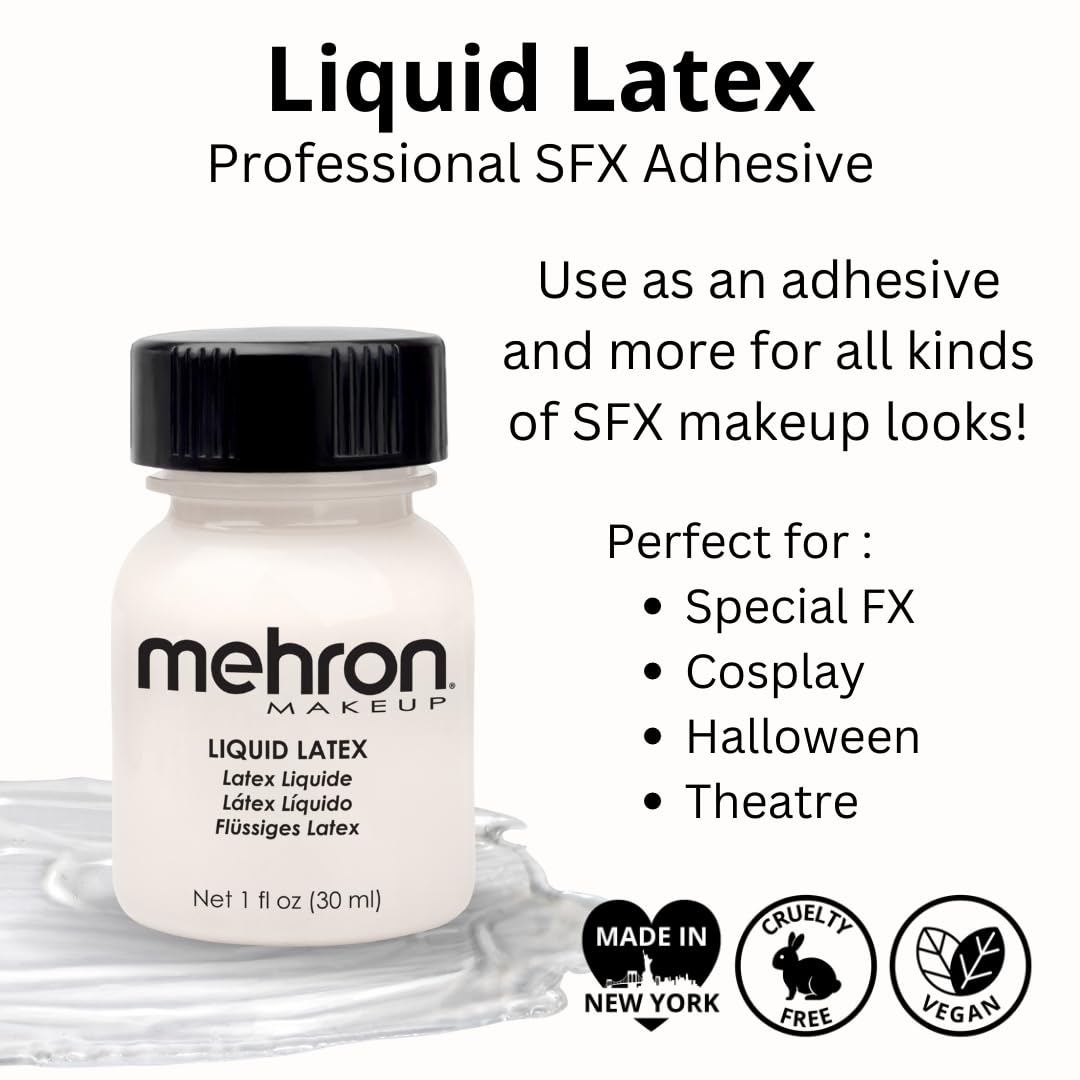 Mehron Liquid Latex, textura 3D con algodón para efectos realistas.