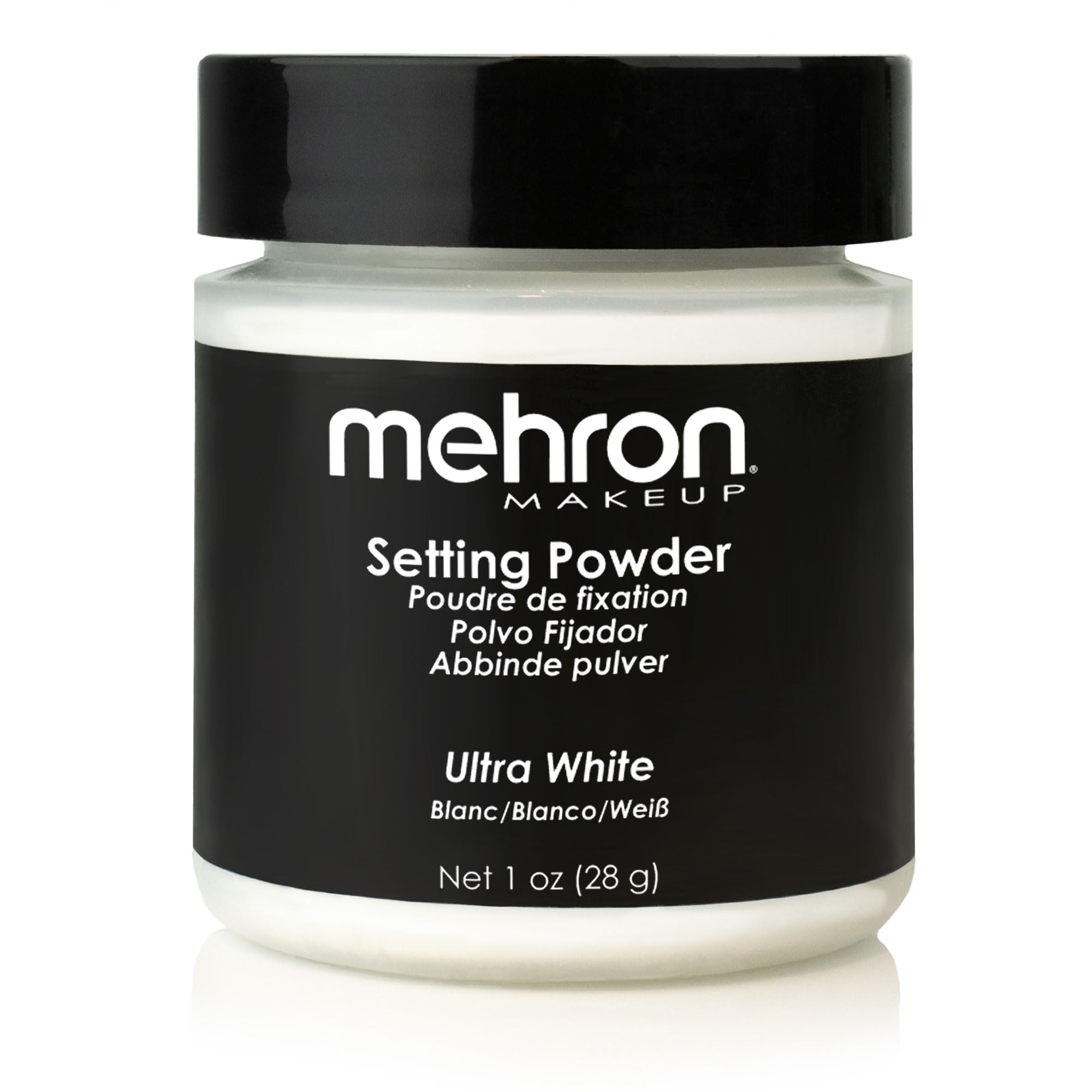 Mehron polvo fijador blanco Ultra, acabado suave y duradero.