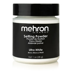 Mehron polvo fijador blanco Ultra, acabado suave y duradero.