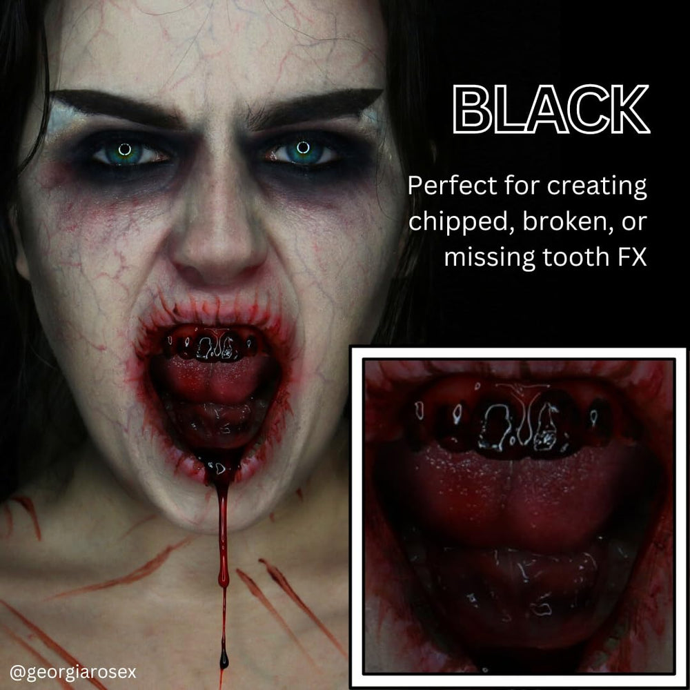 Dientes negros con Tooth FX Negro, aspecto duradero para maquillaje de fiestas.