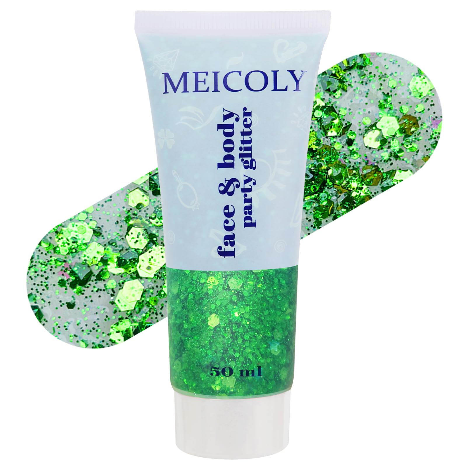 MEICOLY brillo verde para cara y cuerpo, ideal para fiestas y eventos.