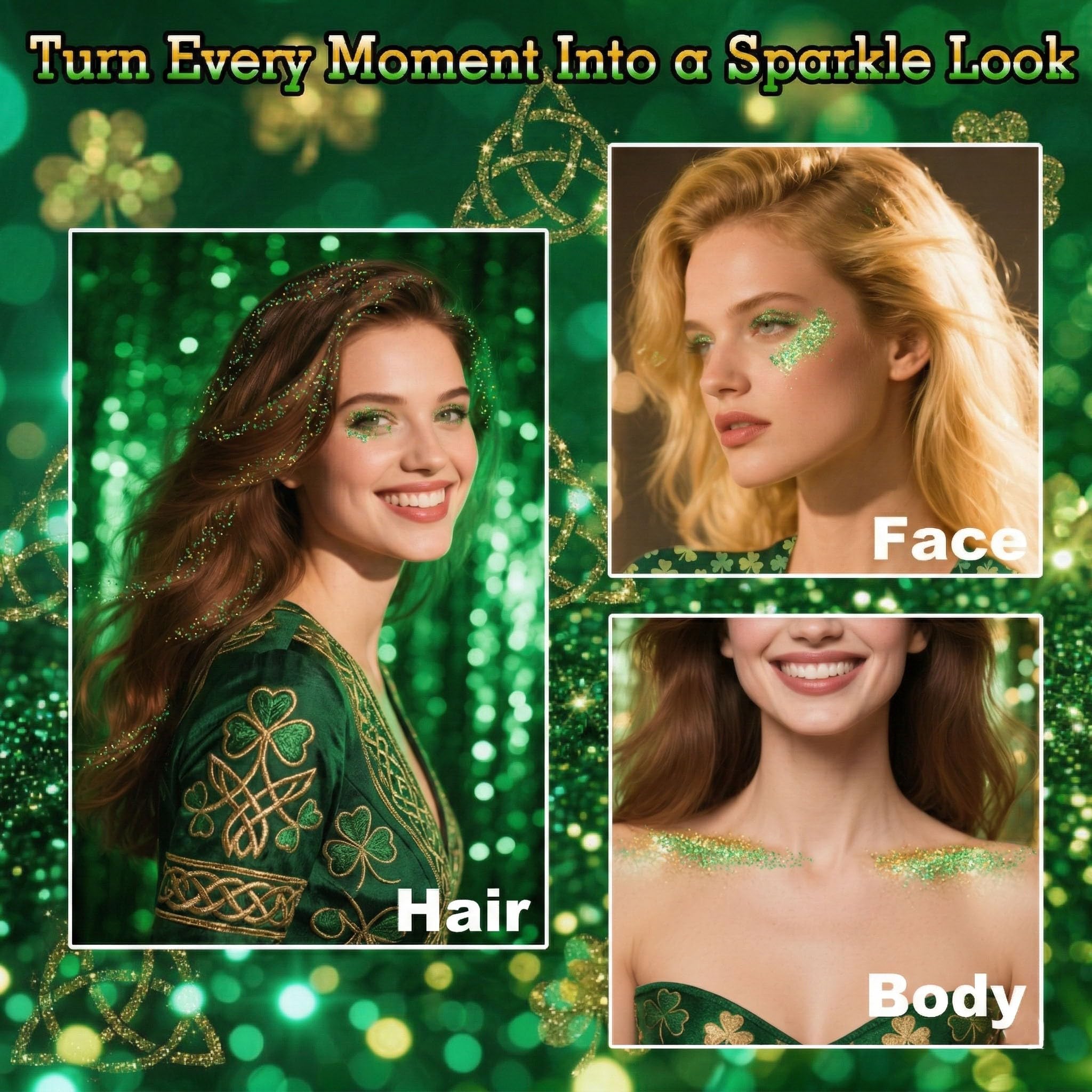 MEICOLY brillo verde holográfico, efecto láser desde distintos ángulos.