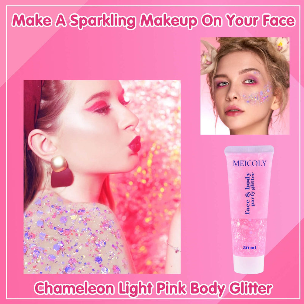 MEICOLY Chameleon Glitter, aplicación suave en rostro y cuerpo, efecto cambiante según la luz.
