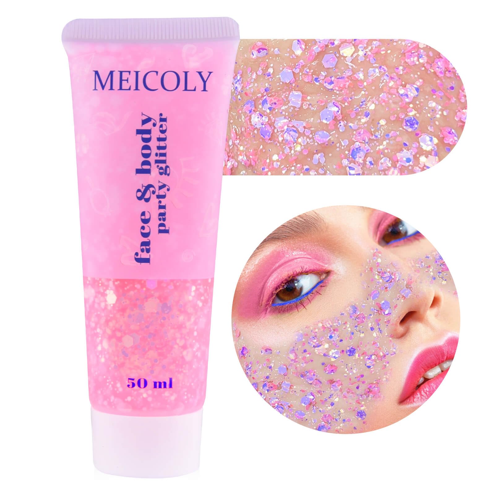 MEICOLY Chameleon Glitter rosa claro en botella, brillo intenso para fiestas y sesiones fotográficas.