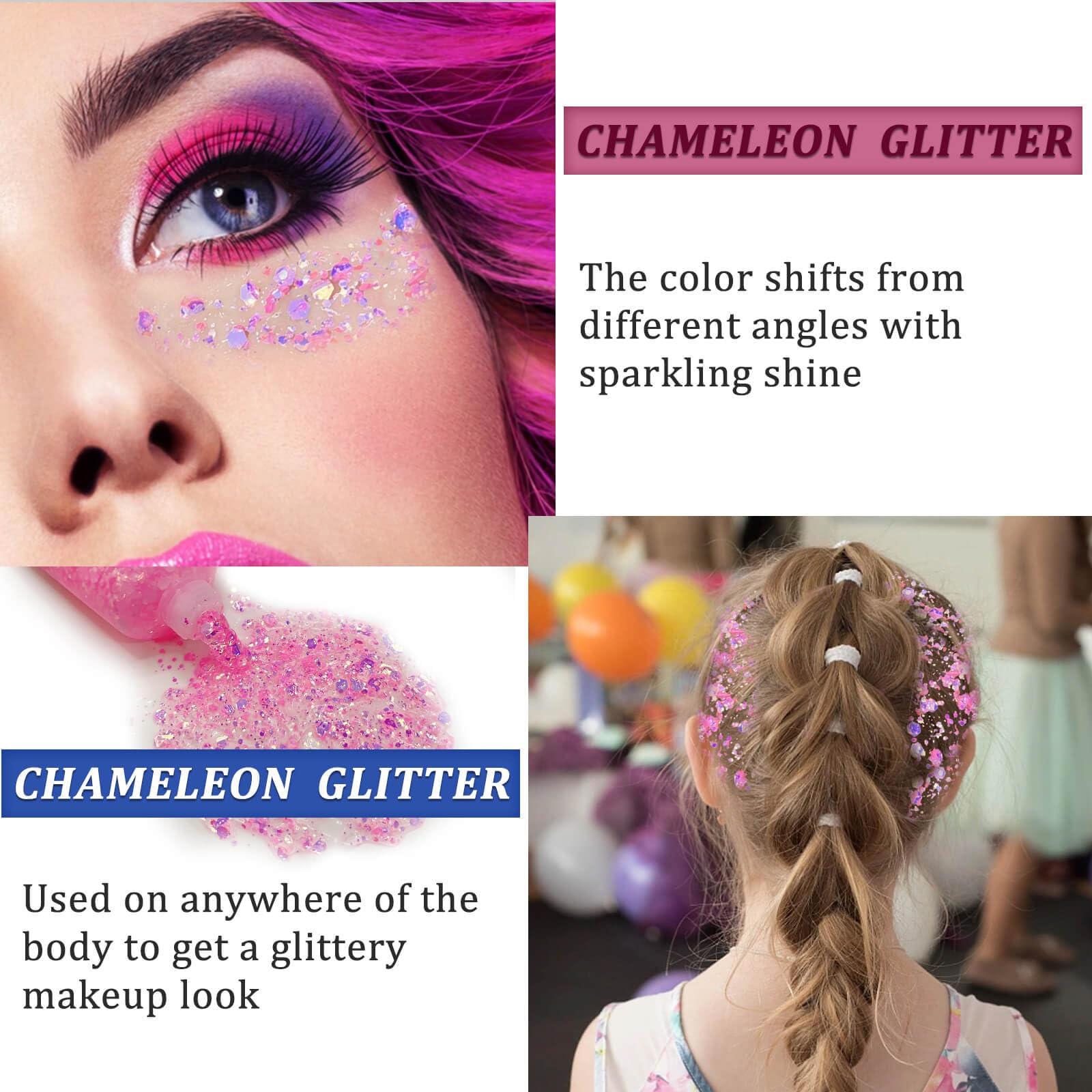 MEICOLY Chameleon Glitter para ojos y labios, brillo holográfico que destaca en festivales.
