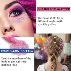 MEICOLY Chameleon Glitter para ojos y labios, brillo holográfico que destaca en festivales.