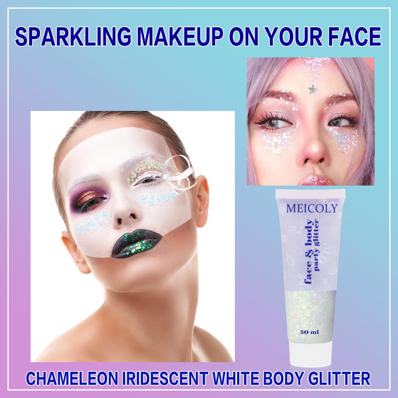 MEICOLY Camaleón glitter ligero, piel y cabello suaves al tacto.