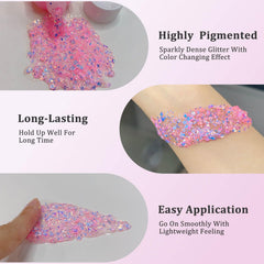 MEICOLY Chameleon: purpurina autoadhesiva gruesa, ideal para maquillaje de escenario.