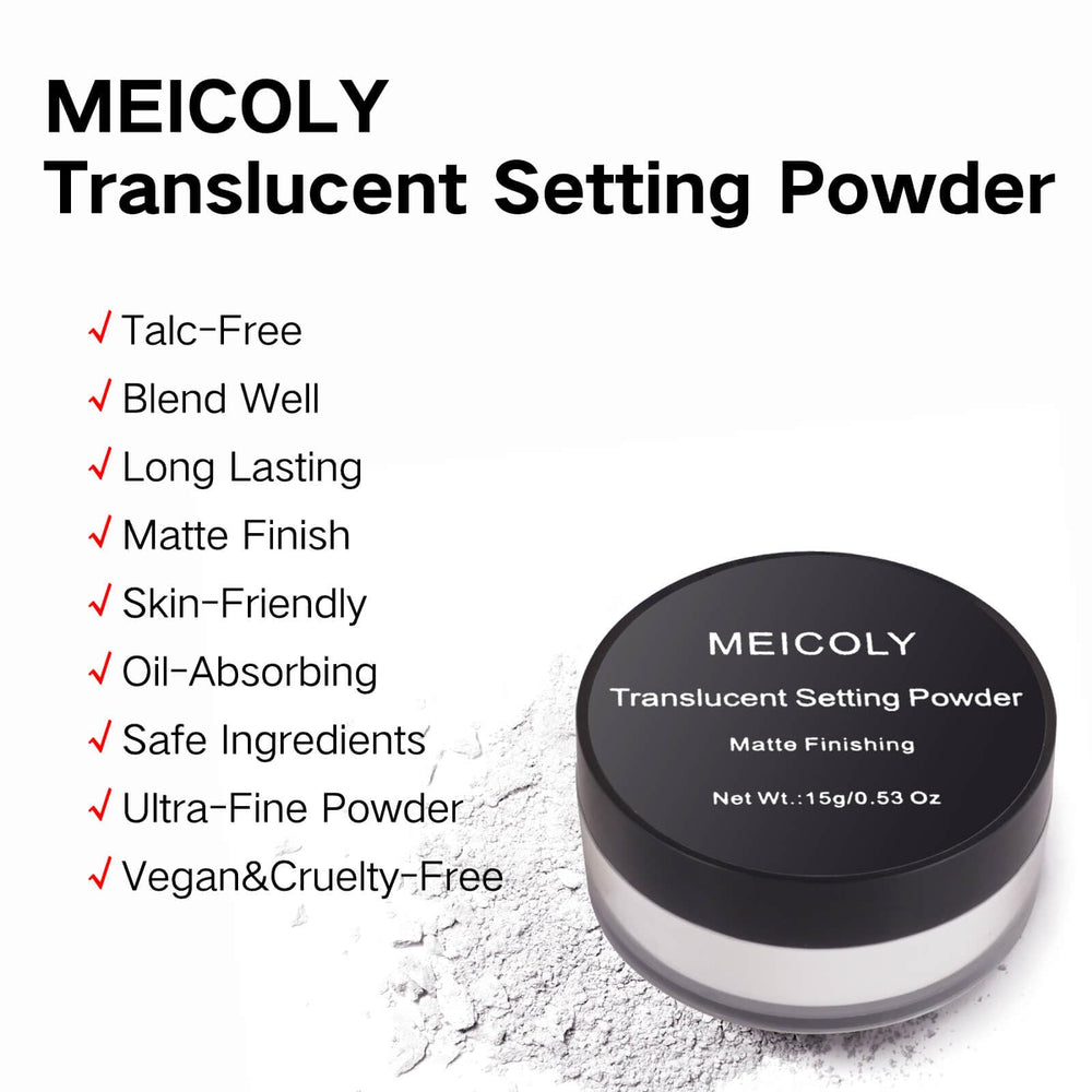 MEICOLY compact with built-in sifter for neat, mess-free application.