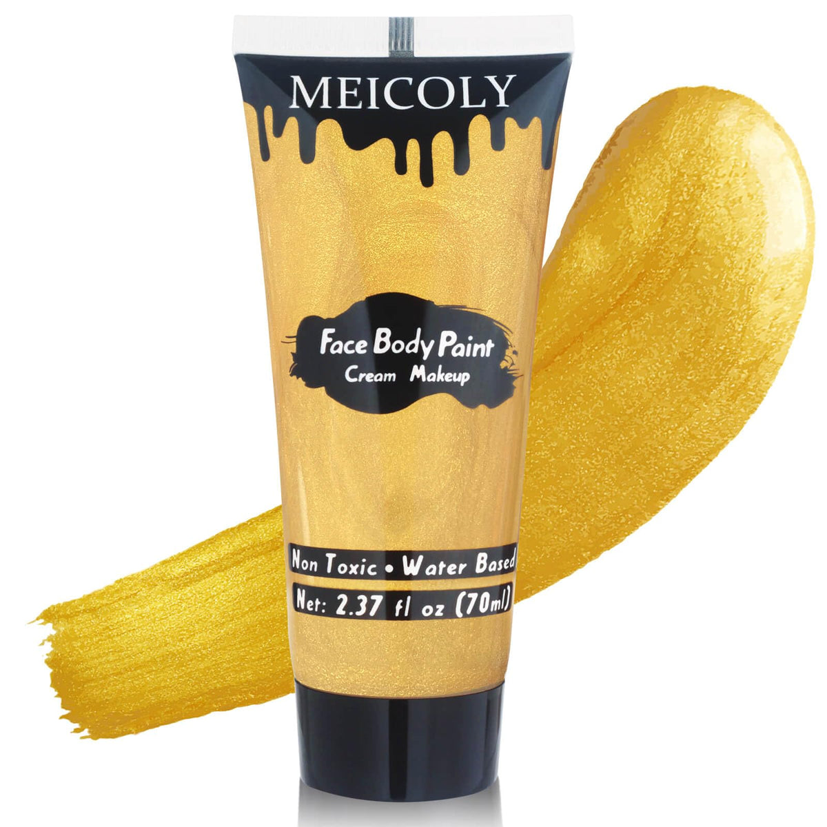 MEICOLY crema metálica dorada, tubo grande, cobertura intensa para rostro y cuerpo.