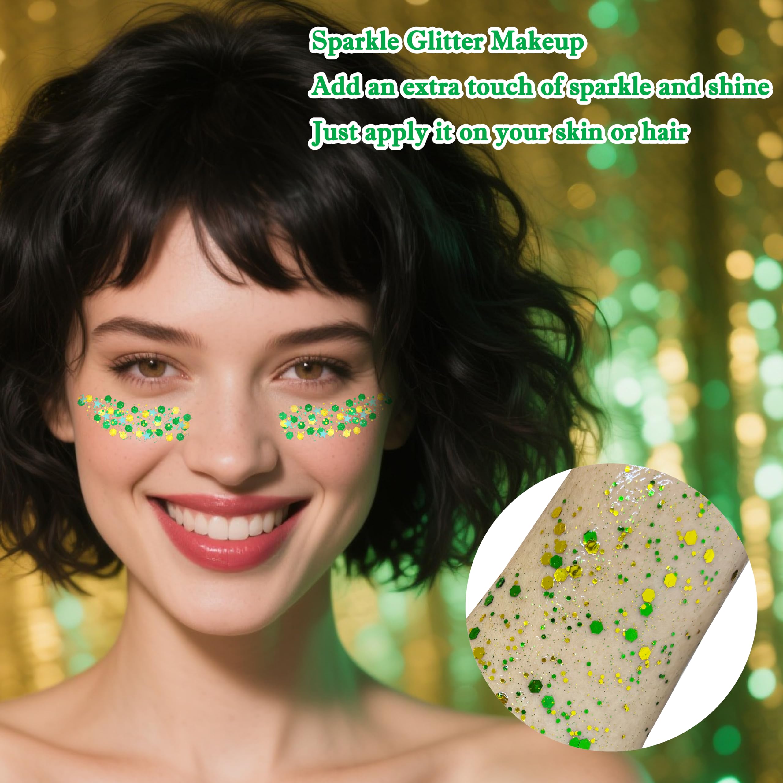MEICOLY glitter dorado y verde en cuerpo para looks festivos