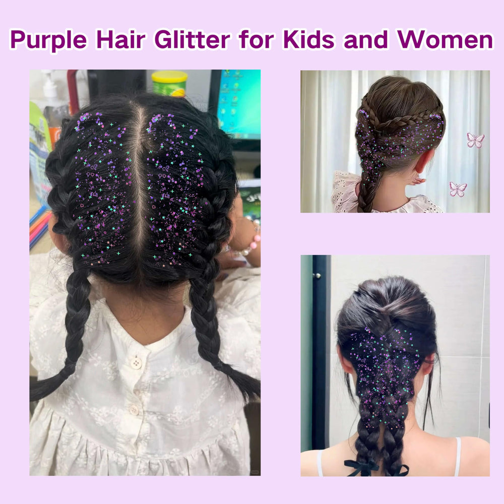 Meicoly Glitter Púrpura en cara y ojos para estilos de festival.