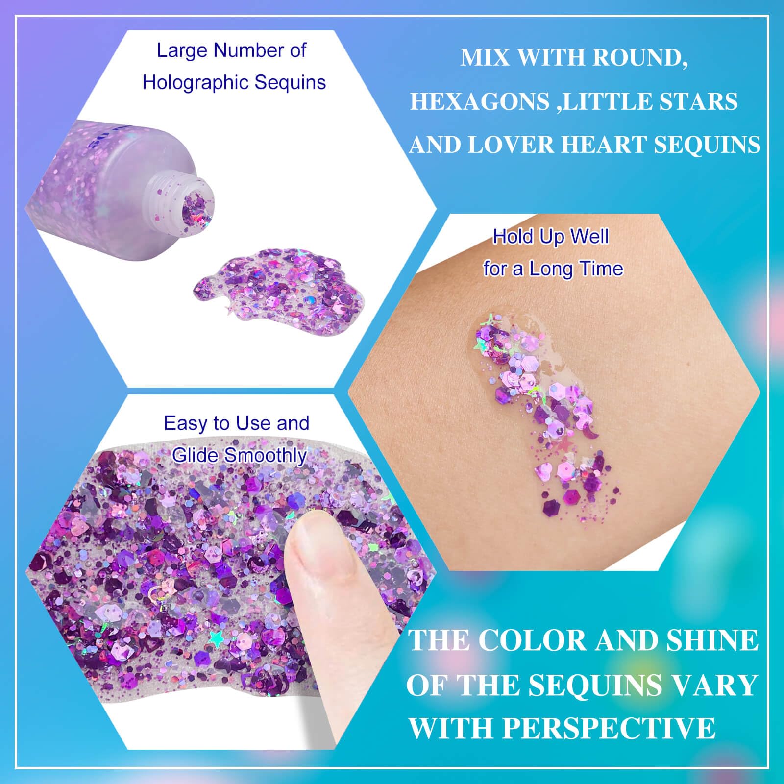 Meicoly Glitter Púrpura con formas estrellas y corazones para estilos divertidos.