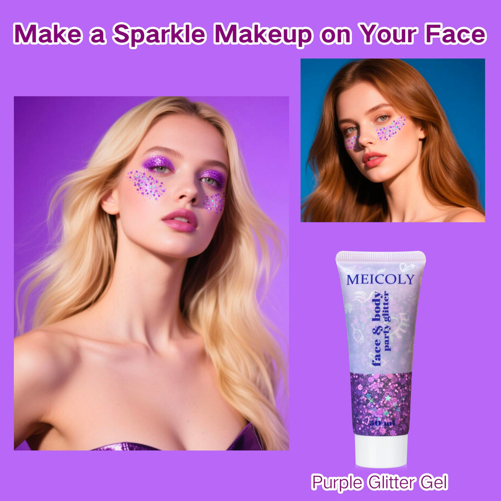 Meicoly Glitter Púrpura ideal para fiestas, conciertos y disfraces.
