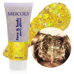 MEICOLY gold body glitter bottle closeup showing shimmering particles for festival looks