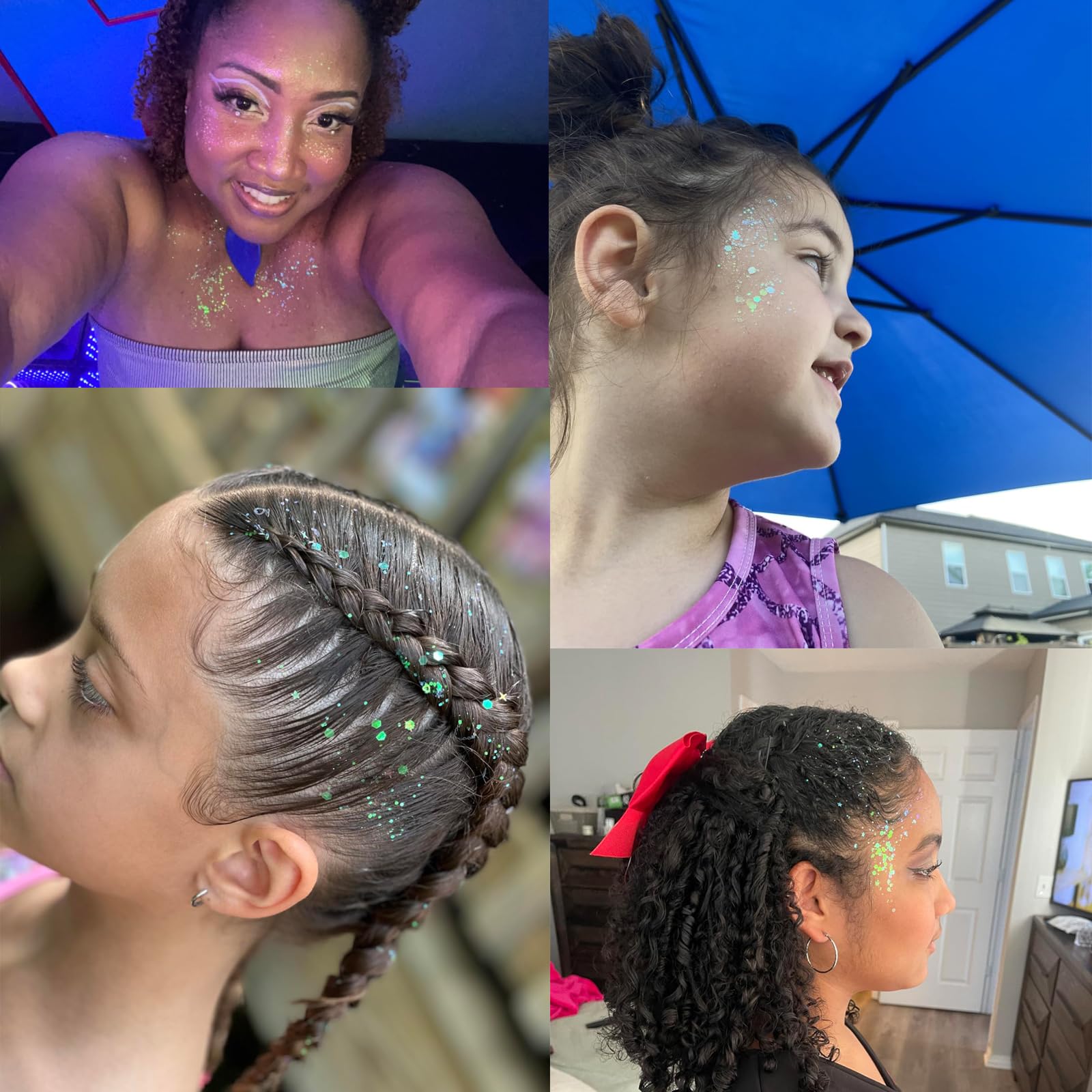 MEICOLY glitter in hair adds festival-ready shimmer.