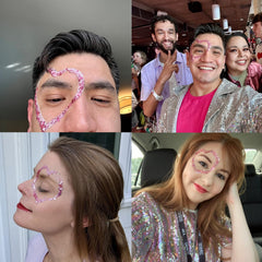 MEICOLY holographic pink glitter on cheeks adds radiant sparkle for festivals