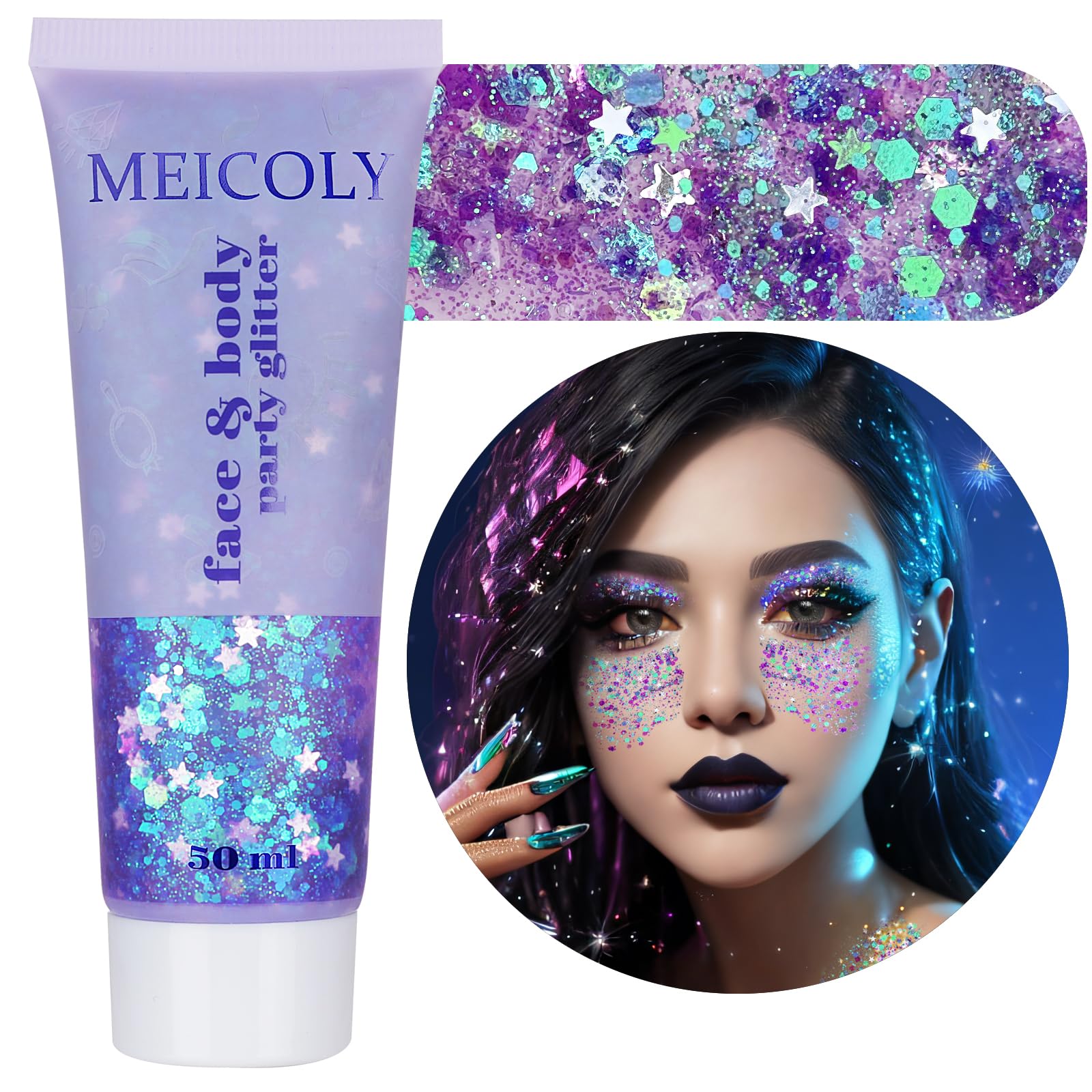 MEICOLY glitter para cara en tono purpura, brillo intenso para looks de sirena
