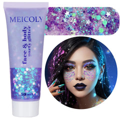 MEICOLY glitter para cara en tono purpura, brillo intenso para looks de sirena