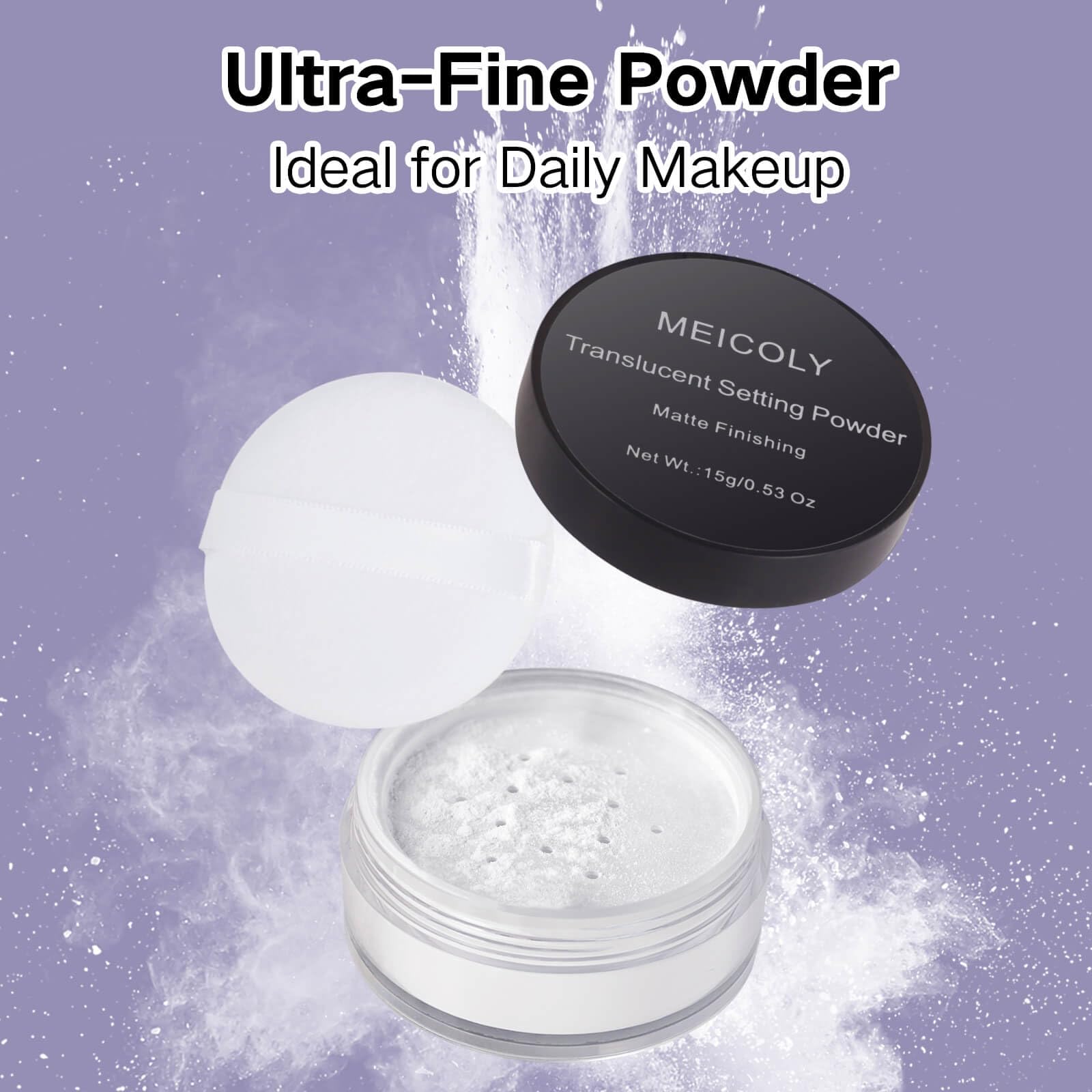 MEICOLY matte finish loose powder delivers shine-free skin all day.