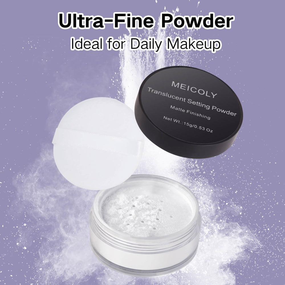 MEICOLY matte finish loose powder delivers shine-free skin all day.