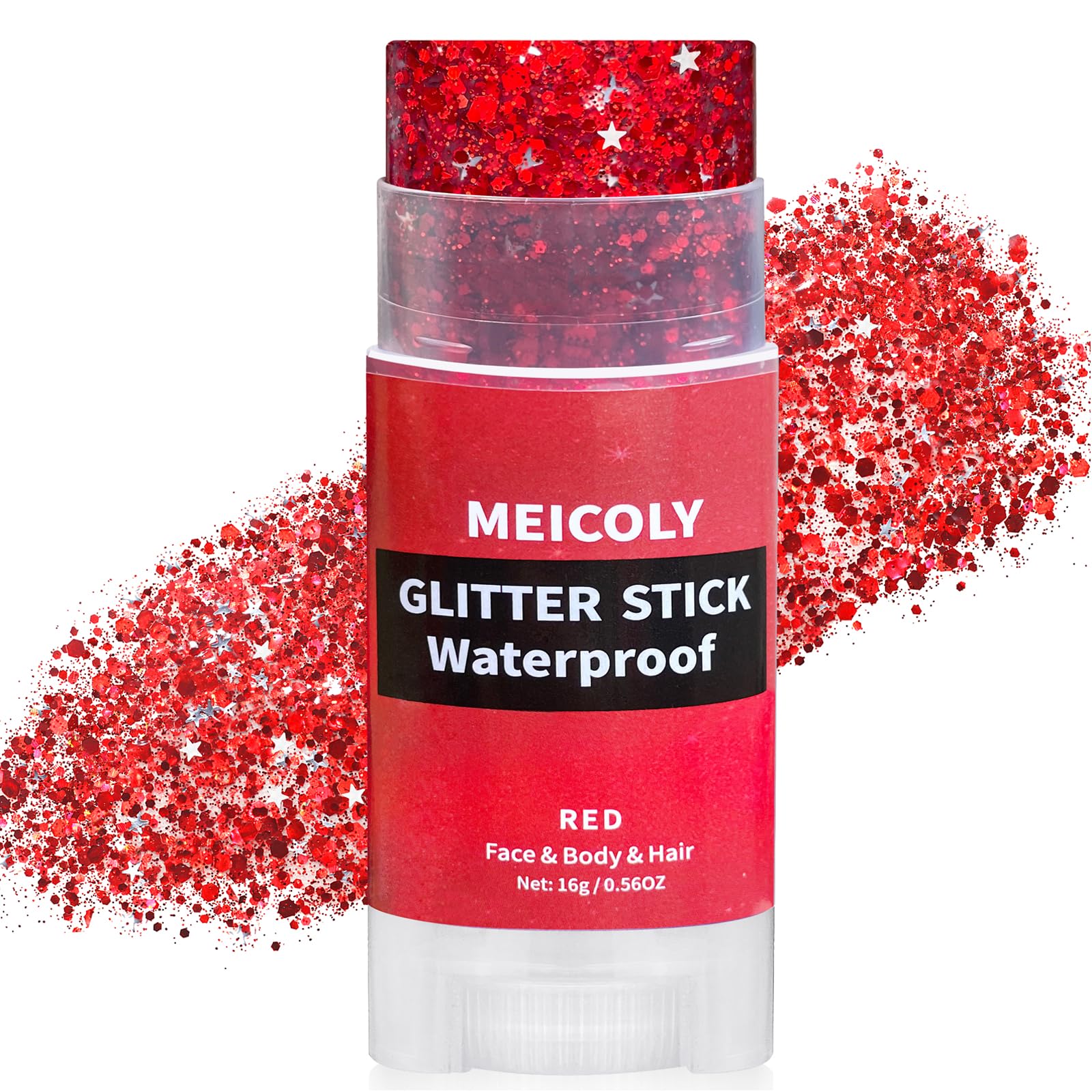 MEICOLY red face glitter stick application showcases bold, all-day sparkle.