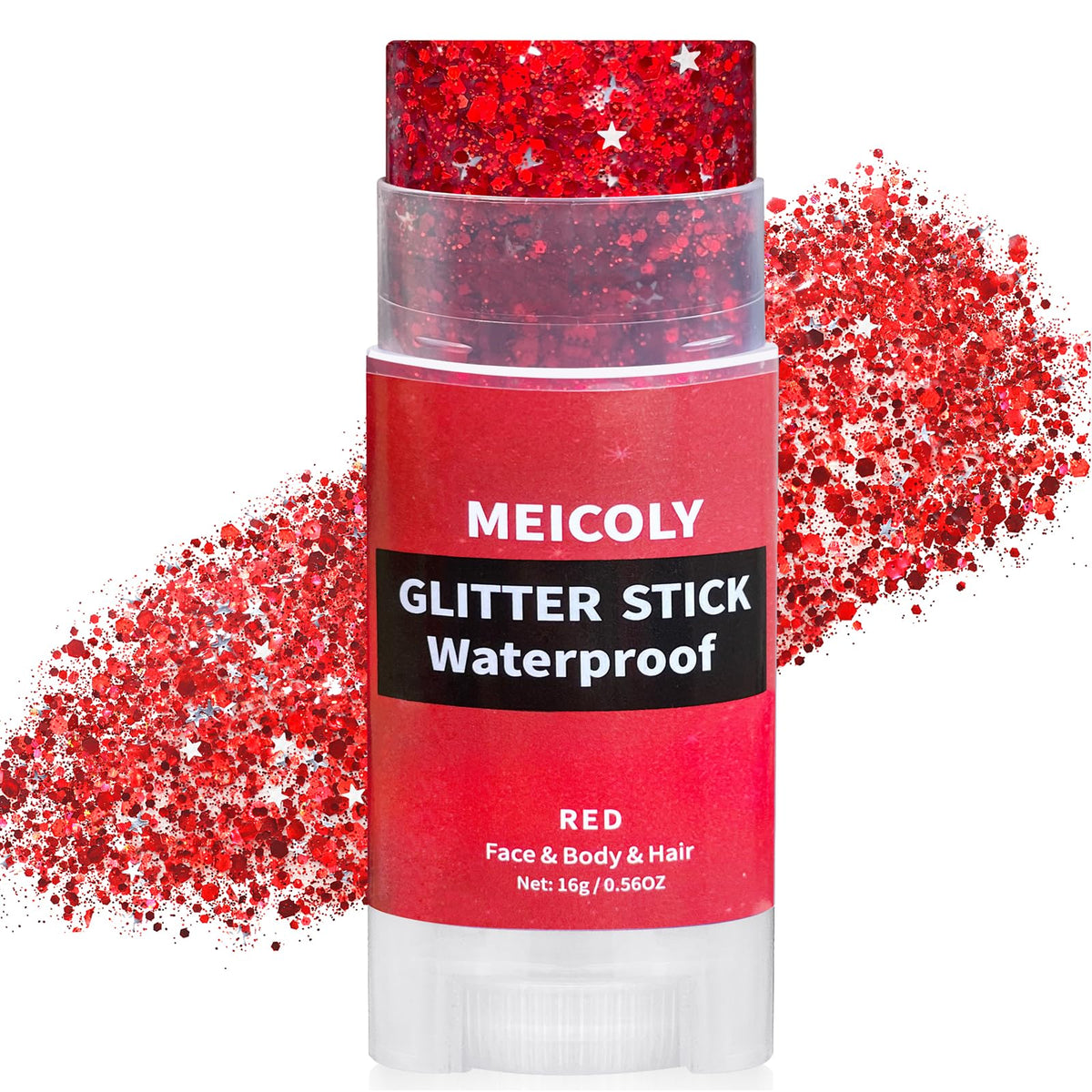 MEICOLY red face glitter stick application showcases bold, all-day sparkle.