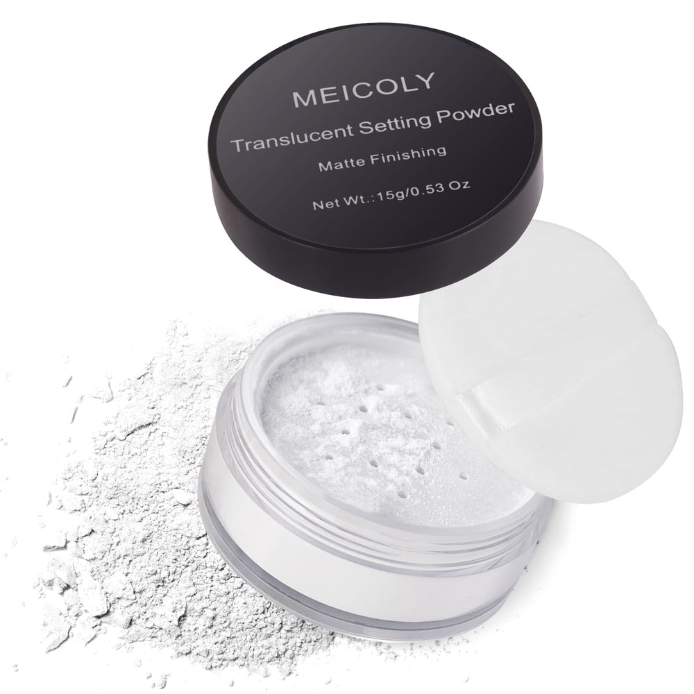 MEICOLY talc-free setting powder with sifter for long wear and a smooth finish.