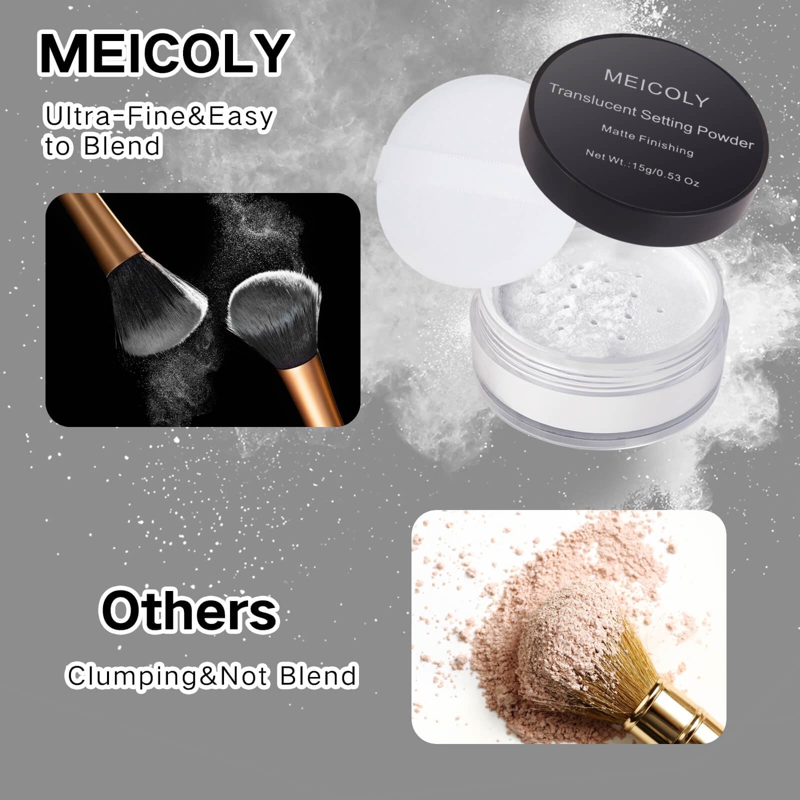 MEICOLY vegan and cruelty-free setting powder for clean beauty.