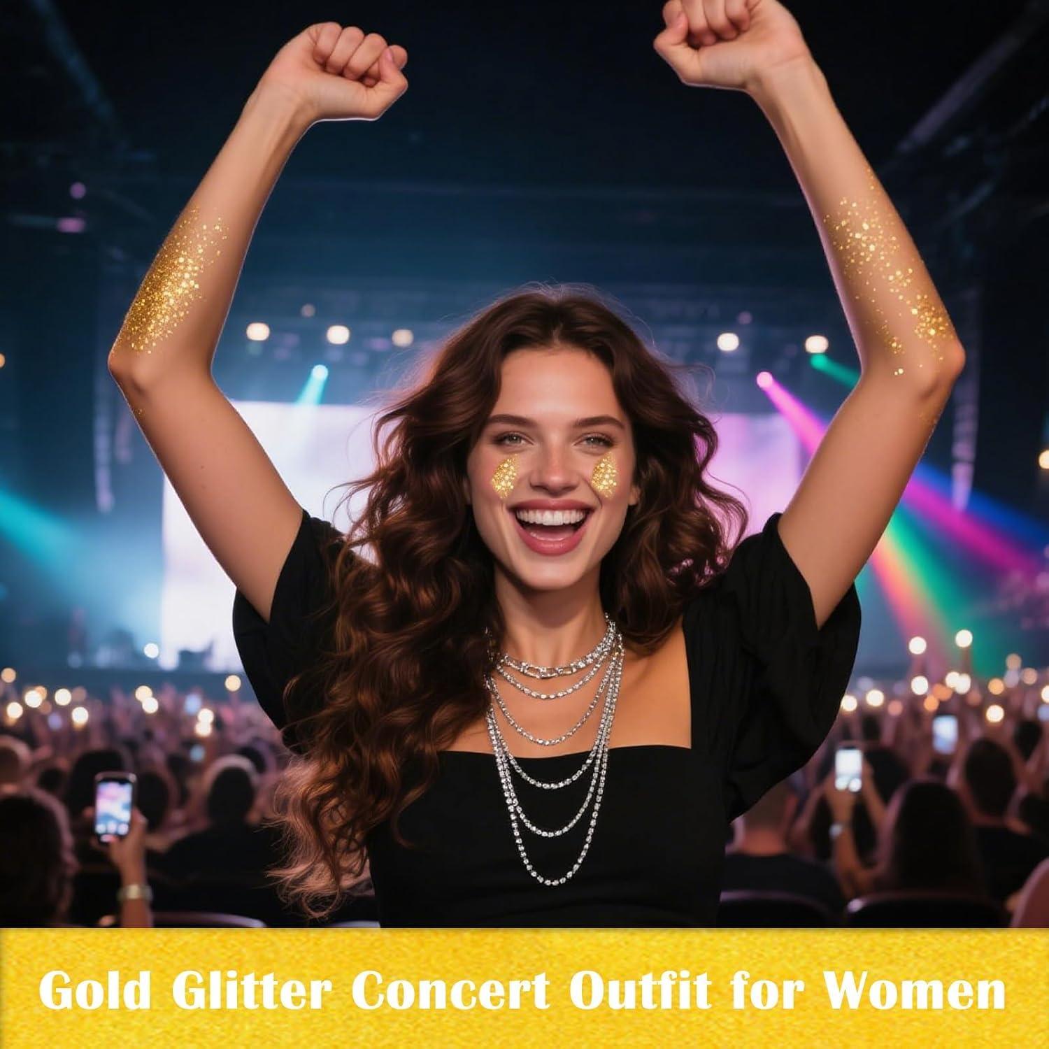 MEICOLY yellow face glitter gel application highlighting radiant skin-safe sparkle for events