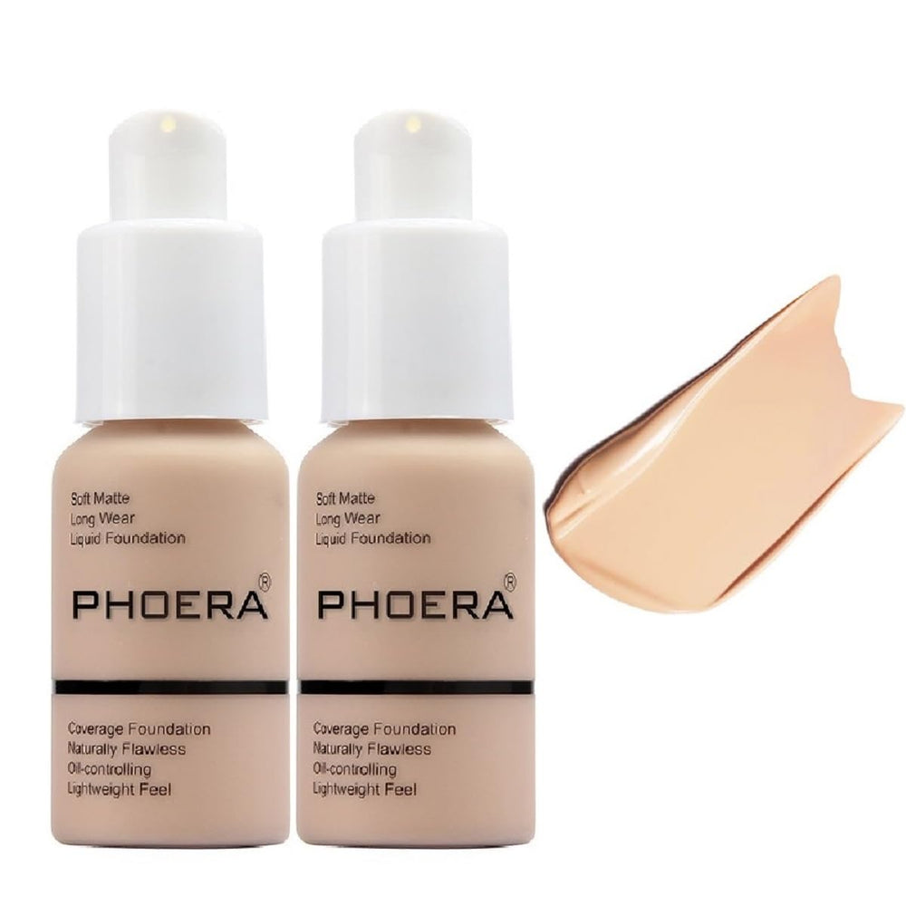 Meifen PHOERA Foundation tono 102 desnudo, bote elegante y cobertura natural.