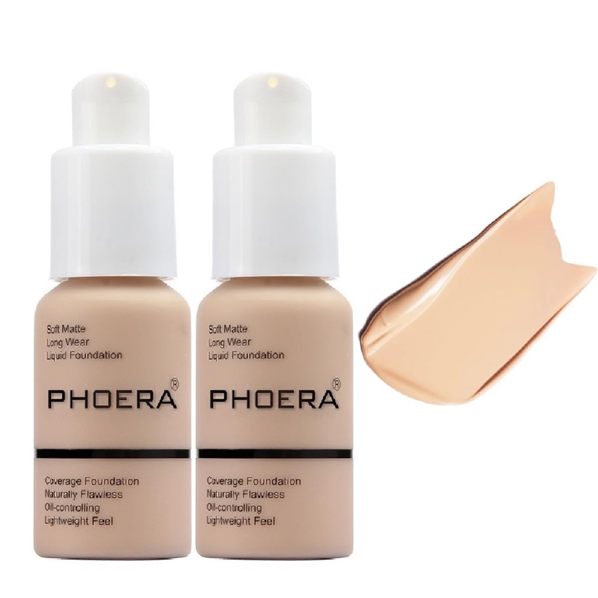 Meifen PHOERA Foundation tono 102 desnudo, bote elegante y cobertura natural.