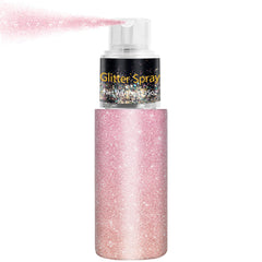 Meilury glitter spray bottle closeup with pink shimmer for festival sparkle.