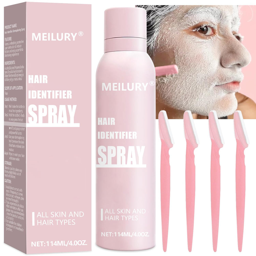 Meilury Hair Identifier Spray highlights facial hairs for precise shaving and defined contours.