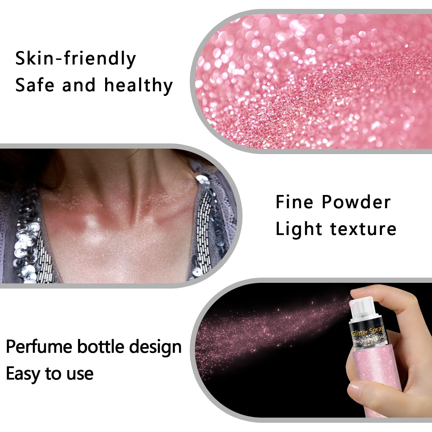 Meilury multi-use glitter pairs with foundation, skincare, or hairspray for customization.