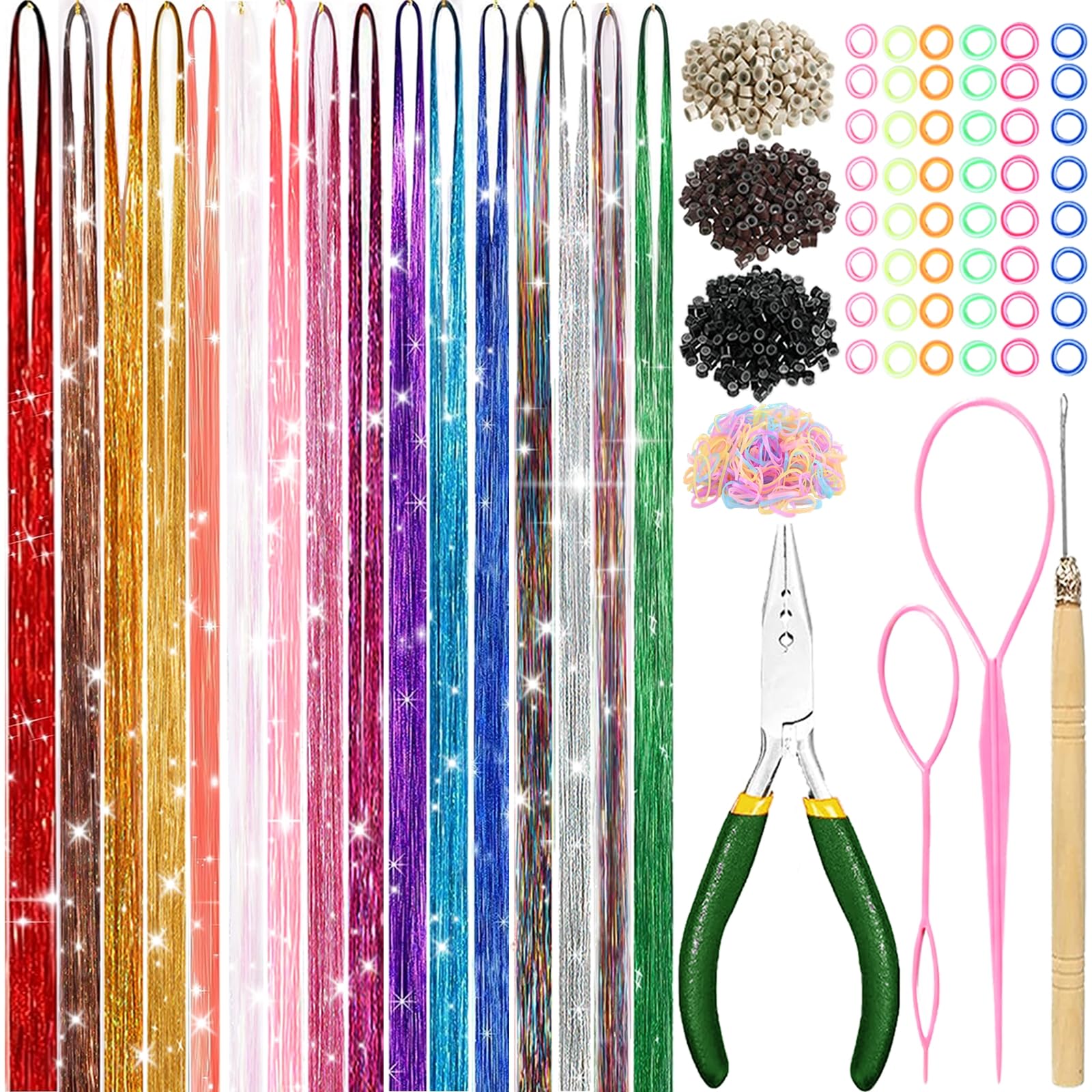 Meiyou hair tinsel kit close-up showing 6800 strands in 16 colors for vibrant accents