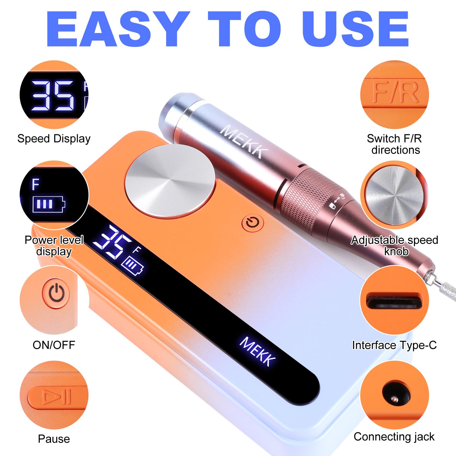 MEKK Nail Drill with Type-C charging for quick, reliable power.